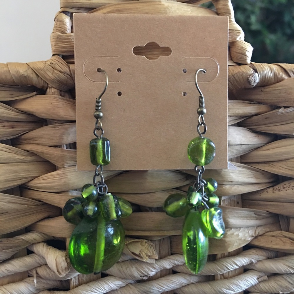 Vintage green glass drop fish hook earrings